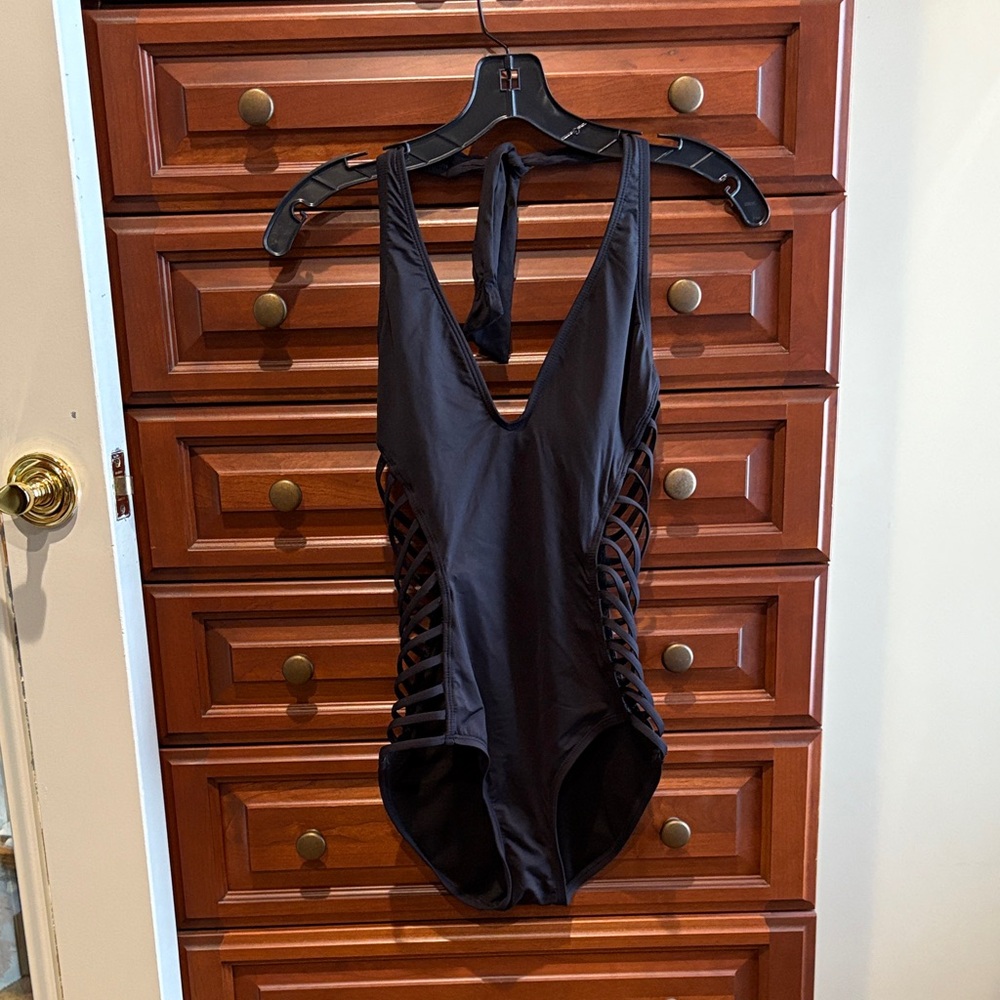 Kenneth Cole New York Black Lattice One-Piece Swimsuit